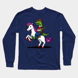 T-Rex Dinosaur Cowboy Riding Magical Unicorn Long Sleeve T-Shirt